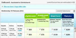 Prices for the new lead-in Seat fares for Auckland-Christchurch (as example)